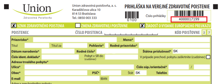 Číslo prihlášky Číslo prihlášky