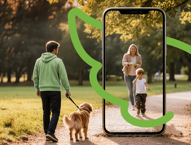 Muž venčí psa v parku s rodinou a mobilnou aplikáciou Union