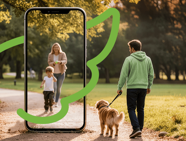Muž na prechádzke so psom v parku s aplikáciou od Unionu