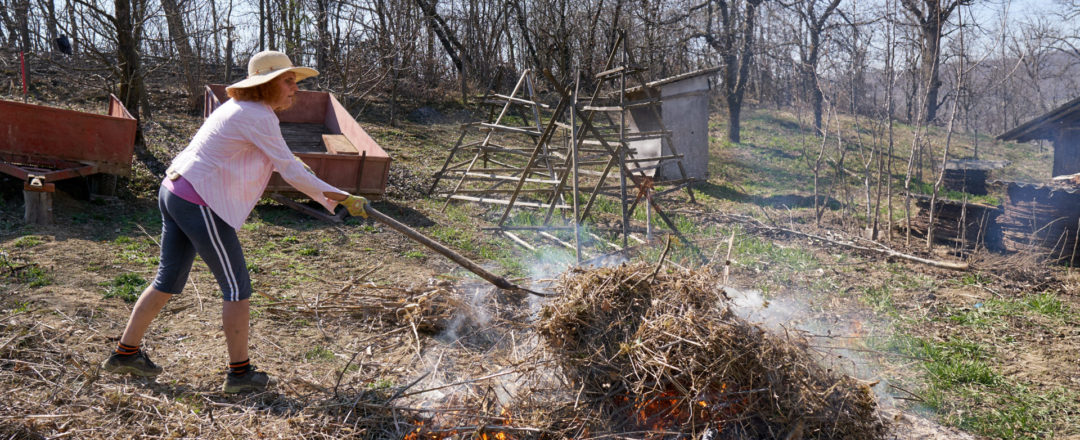 žena páli suchú trávu a konáre