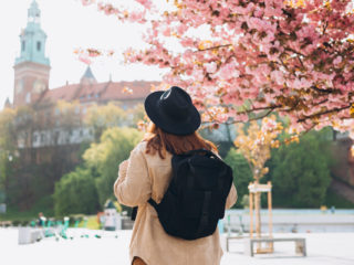turistka pod rozkvinutným stromom uprostred mesta