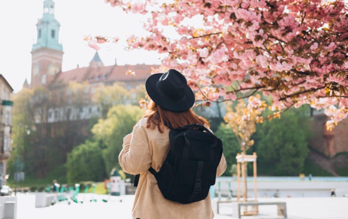 turistka pod rozkvinutným stromom uprostred mesta